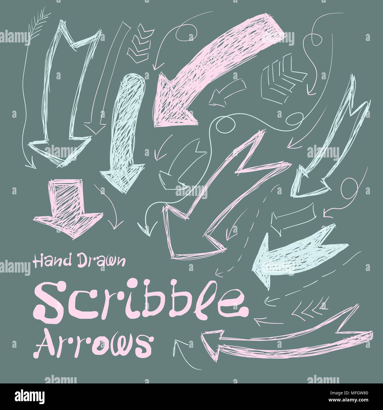 Sammlung von scribble Pfeile hand auf dunklem Hintergrund dargestellt. Vector Illustration Stock Vektor