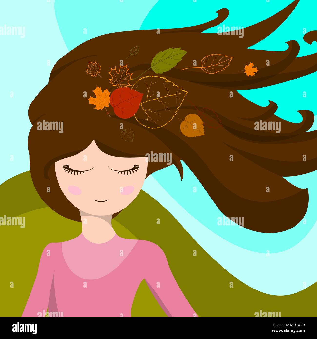 Nettes Mädchen mit Blättern im Haar, die sich im Wind entwickelt werden. Vector Illustration Stock Vektor
