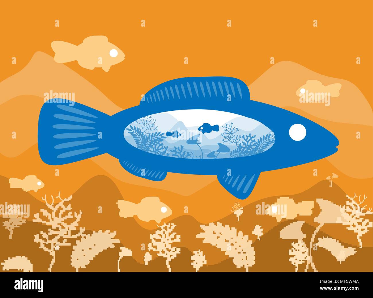 Fisch auf dem Hintergrund der Meeresboden mit einer abstrakten Darstellung der Welt. Vector Illustration Stock Vektor