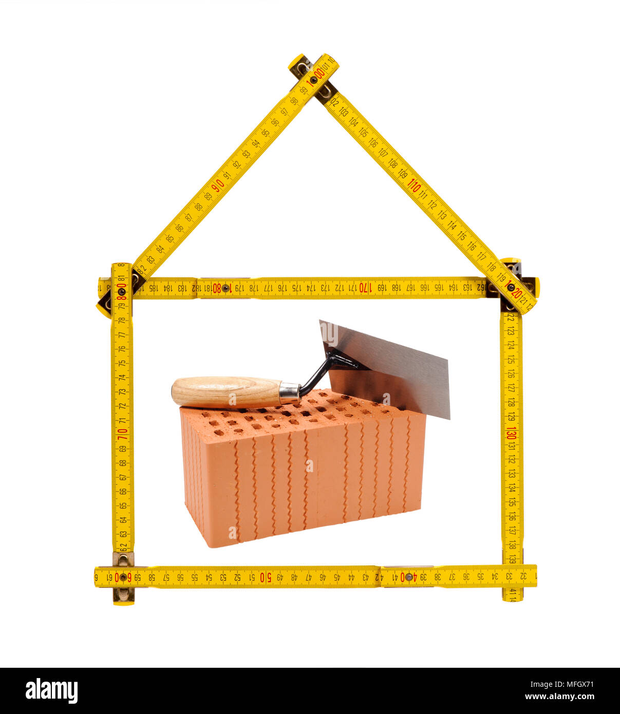 Logo für Haus und Bau mit Ziegel und Zollstock Stockfoto