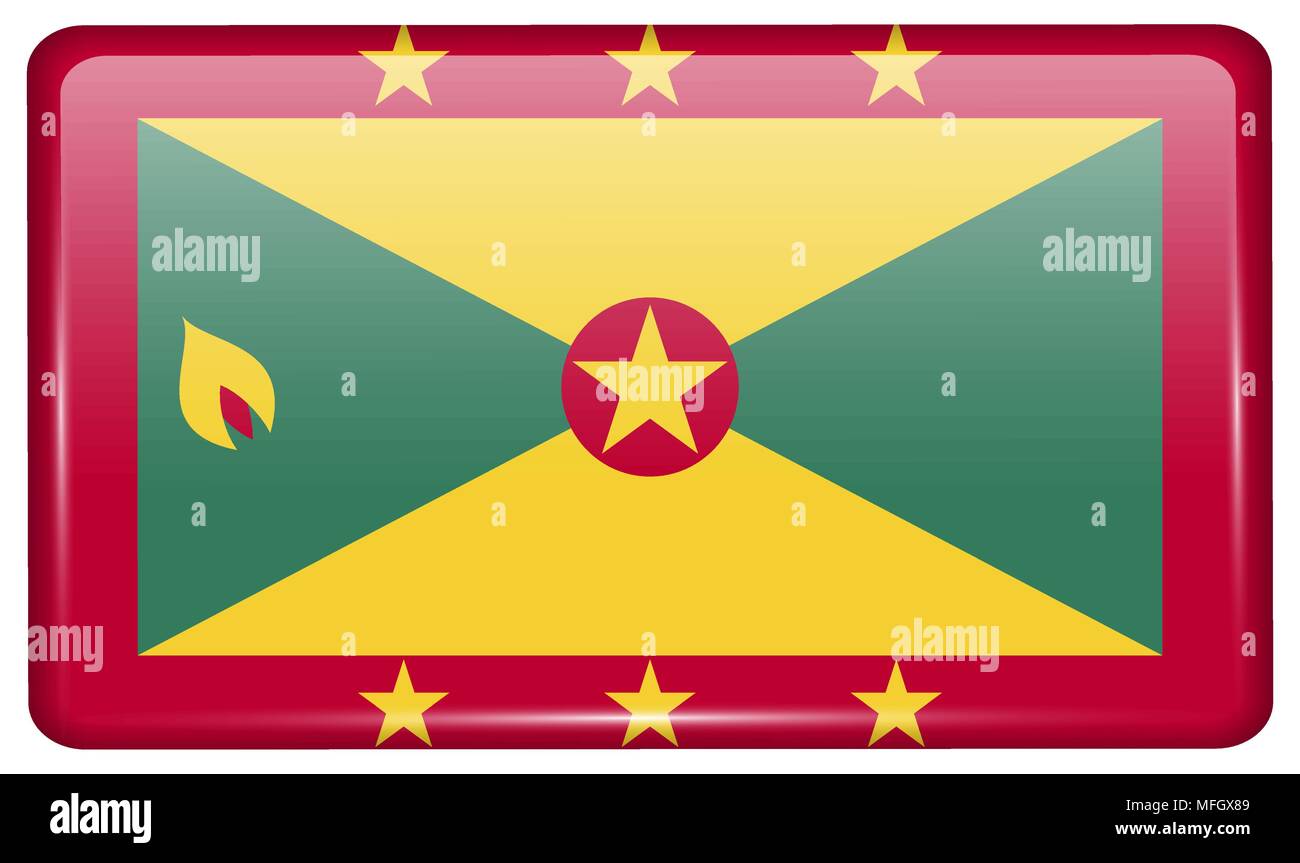 Flaggen von Grenada in Form eines Magneten am Kühlschrank mit Reflexionen Licht. Vector Illustration Stock Vektor