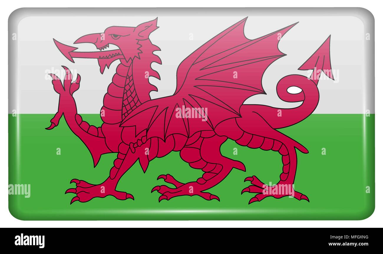 Flagge von Wales in Form eines Magneten am Kühlschrank mit Reflexionen Licht. Vector Illustration Stock Vektor