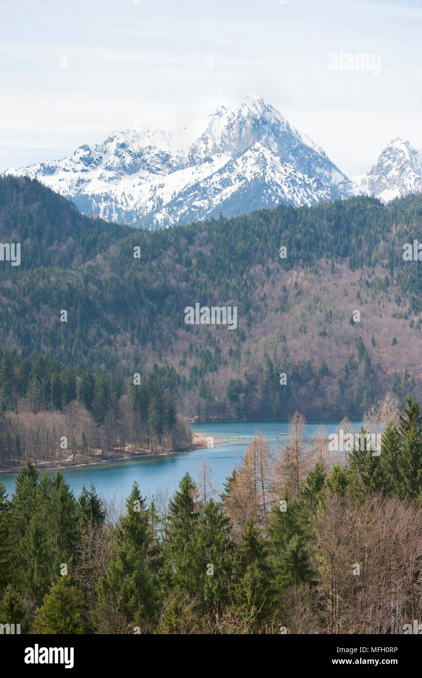 Blick über den Alpsee, die Berge von links nach rechts der Gehrenspitze, Kollenspitze, Haldensee, Tannheimer Berge, Bayern, Deutschland Stockfoto