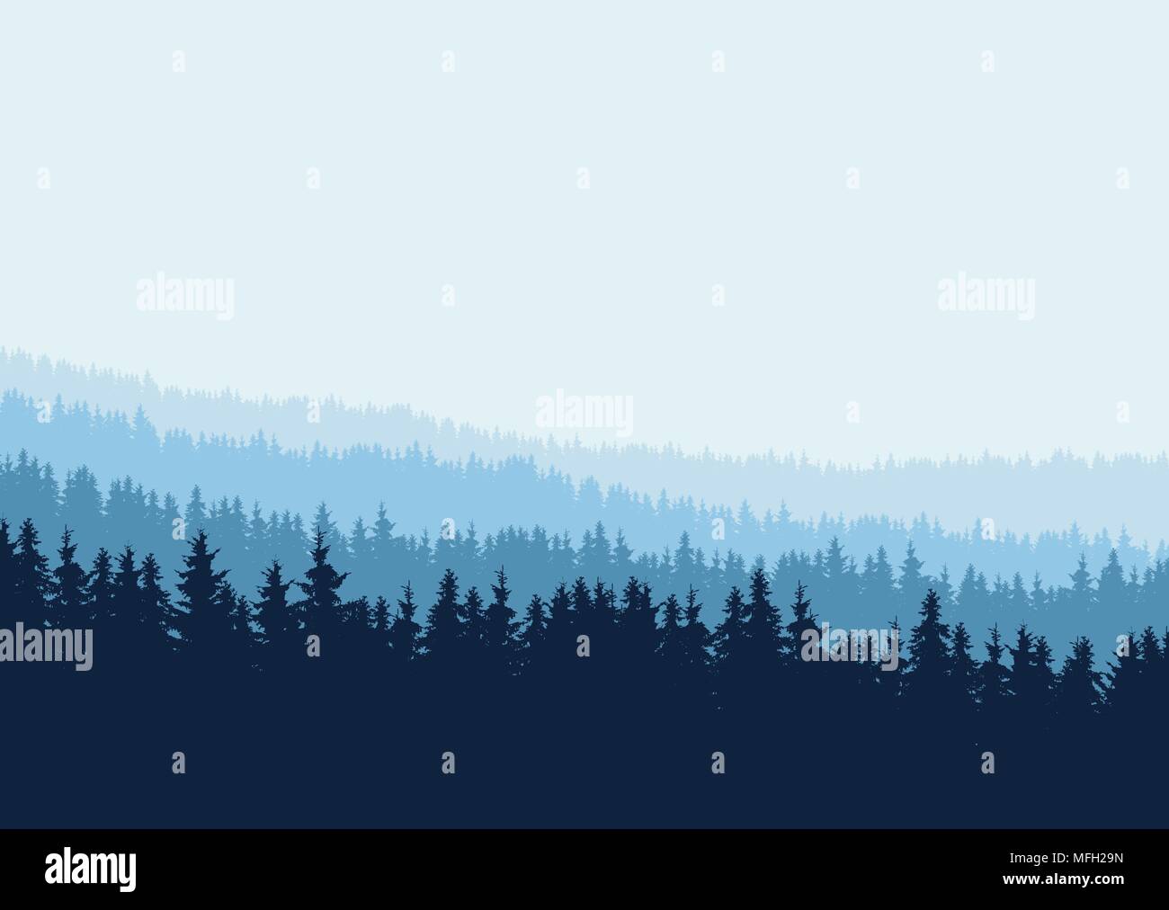 Realistische Nadelwald mit Silhouetten von Bäumen in mehreren Schichten unter blauem Himmel - Vektor mit Platz für Ihren Text Stock Vektor