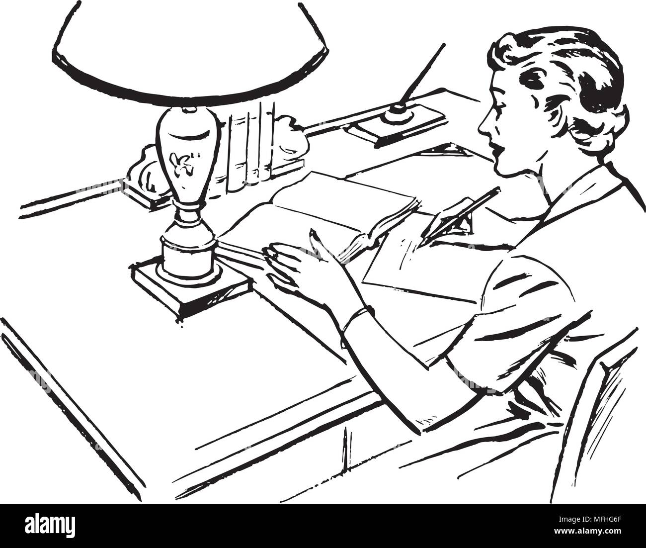 Dame Am Schreibtisch Schreiben Retro Clipart Illustration Stock Vektorgrafik Alamy