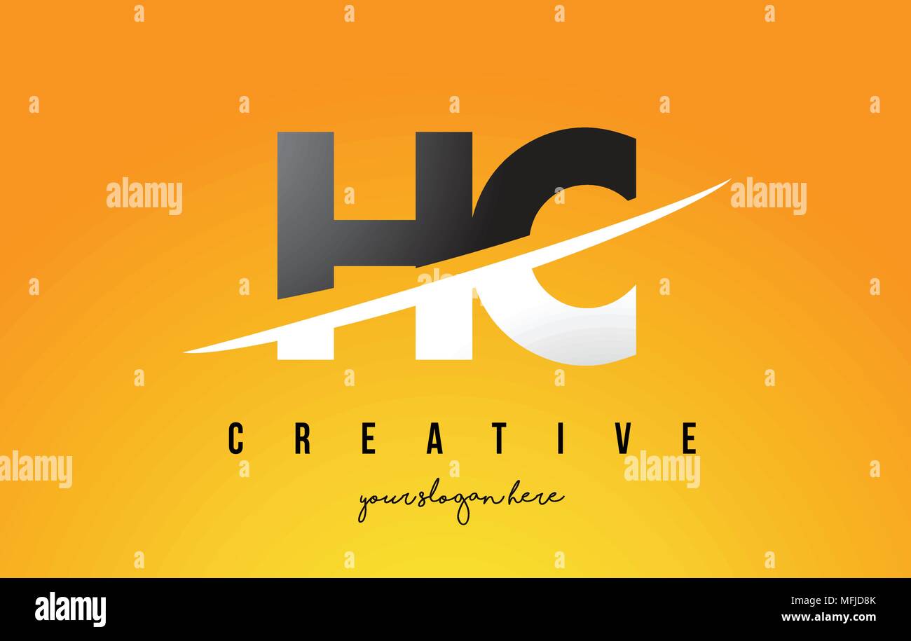 HC H C Schreiben modernes Logo Design mit Swoosh schneiden die mittleren Buchstaben und gelben Hintergrund. Stock Vektor