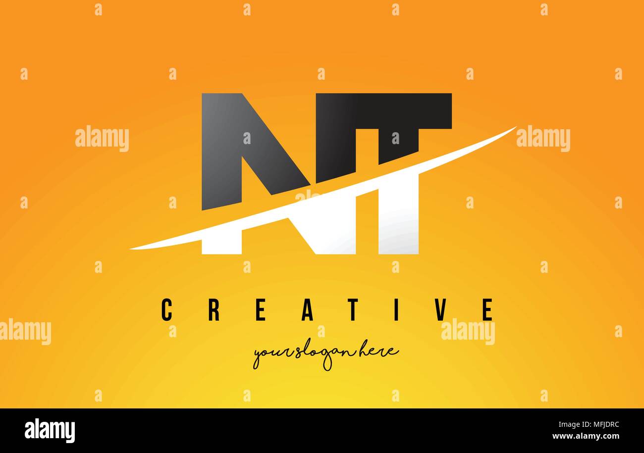 NT N T Schreiben modernes Logo Design mit Swoosh schneiden die mittleren Buchstaben und gelben Hintergrund. Stock Vektor