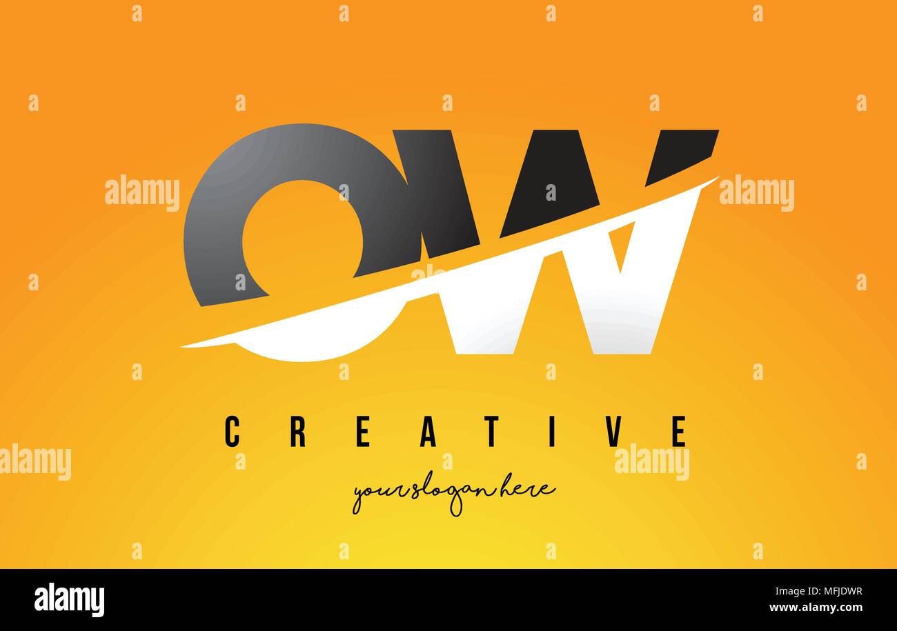 OW O W Schreiben modernes Logo Design mit Swoosh schneiden die mittleren Buchstaben und gelben Hintergrund. Stock Vektor