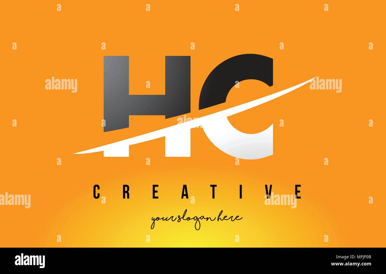 HC H C Schreiben modernes Logo Design mit Swoosh schneiden die mittleren Buchstaben und gelben Hintergrund. Stock Vektor