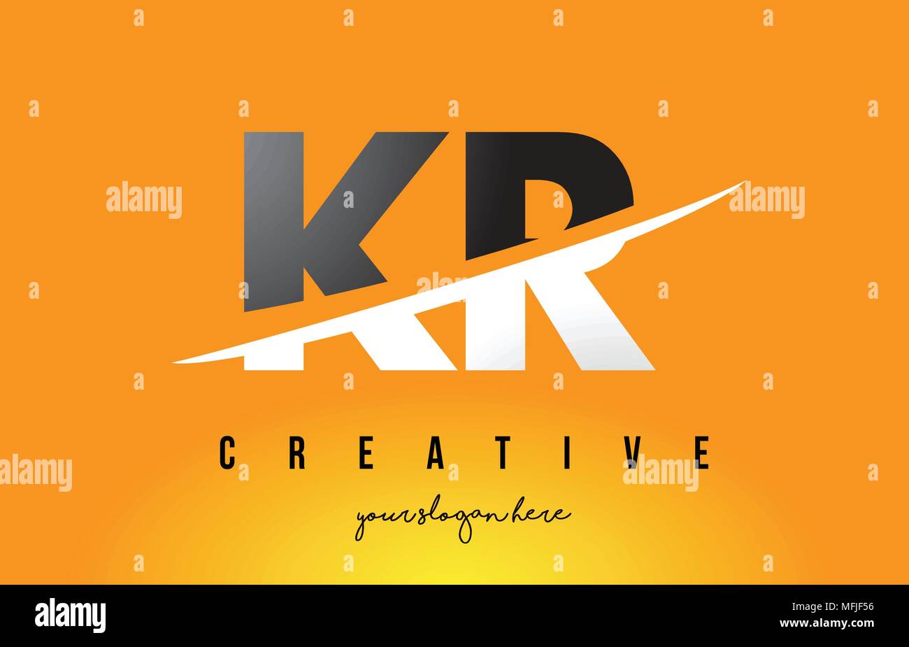 KR K R Schreiben modernes Logo Design mit Swoosh schneiden die mittleren Buchstaben und gelben Hintergrund. Stock Vektor