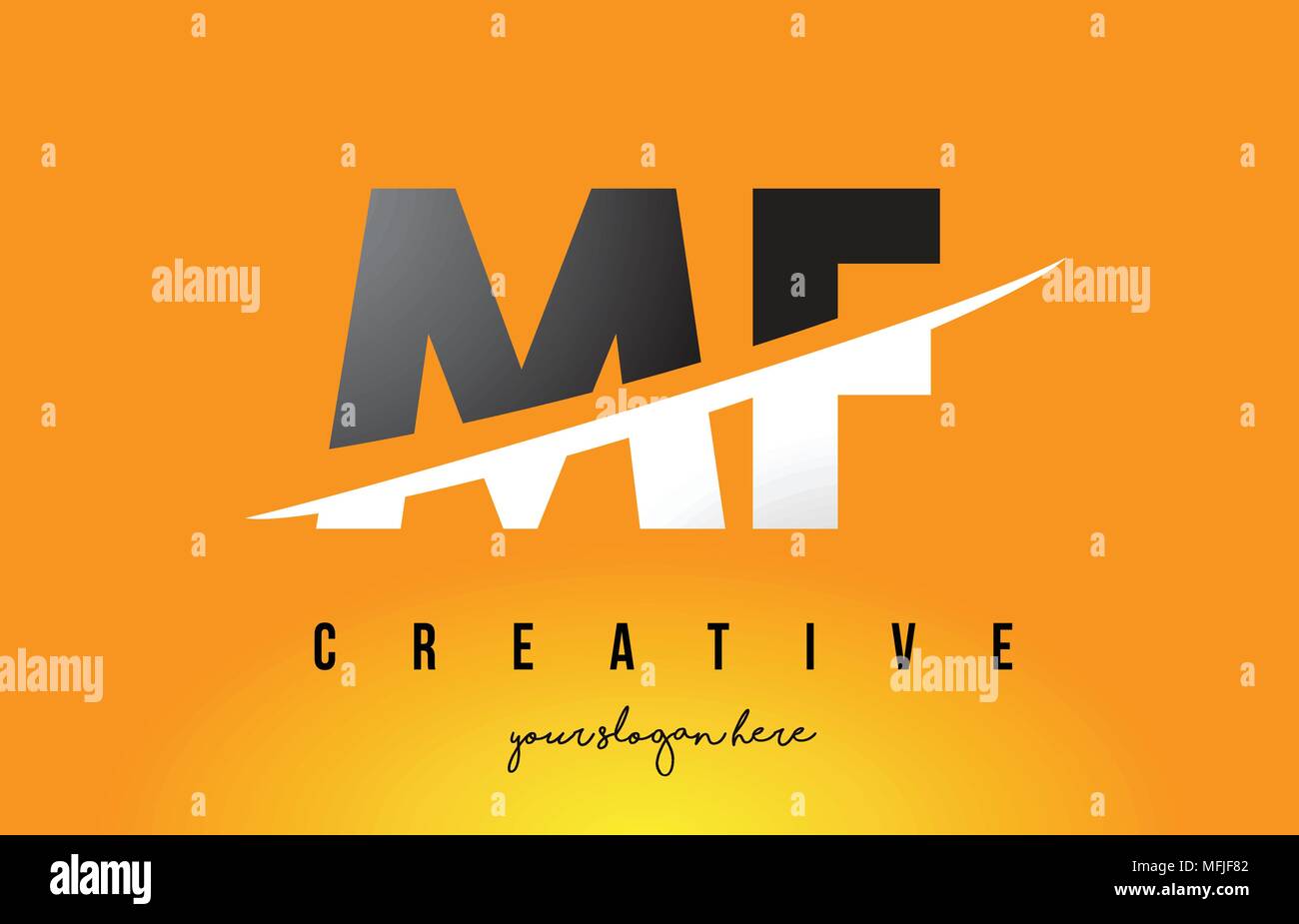 MF M F Schreiben modernes Logo Design mit Swoosh schneiden die mittleren Buchstaben und gelben Hintergrund. Stock Vektor