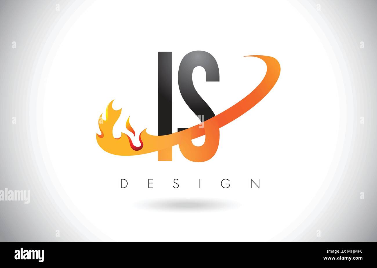 Ich s Schreiben Logo Design mit Feuer Flammen und Orange Swoosh Vector Illustration. Stock Vektor