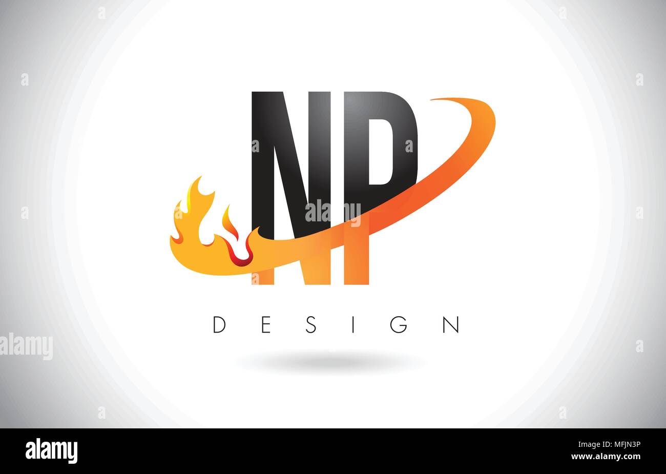 NP N P Schreiben Logo Design mit Feuer Flammen und Orange Swoosh Vector Illustration. Stock Vektor