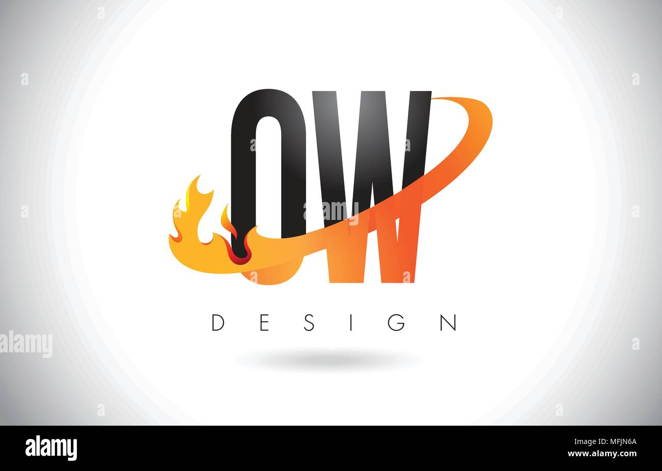OW O W Schreiben Logo Design mit Feuer Flammen und Orange Swoosh Vector Illustration. Stock Vektor