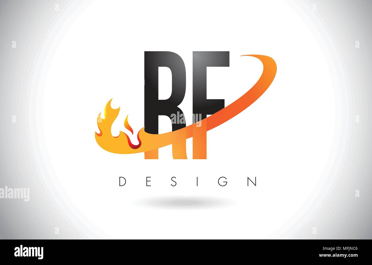 RF-F Der Buchstabe F Logo Design mit Feuer Flammen und Orange Swoosh Vector Illustration. Stock Vektor