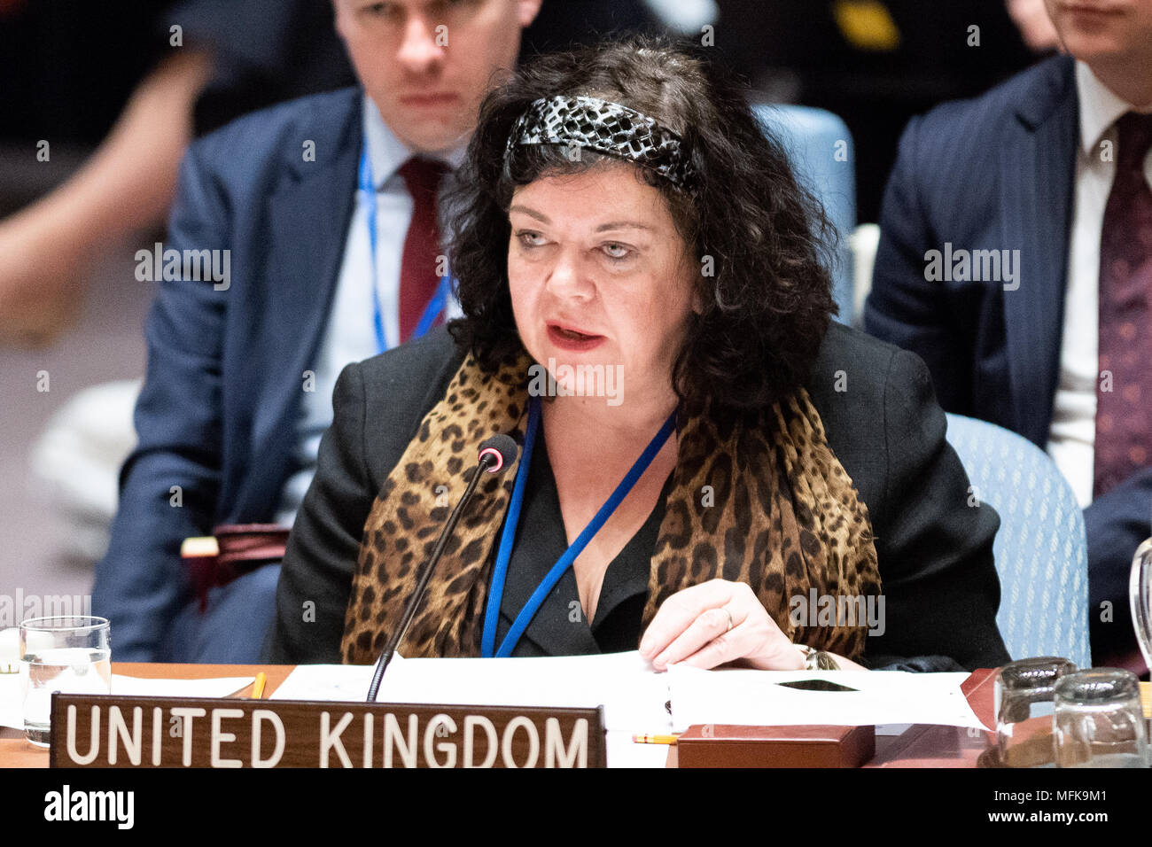 New York City, USA. 26 Apr, 2018. Karen Pierce, Ständiger Vertreter des Vereinigten Königreichs zu den Vereinten Nationen, im Sicherheitsrat der Vereinten Nationen in New York City. Credit: SOPA Images Limited/Alamy leben Nachrichten Stockfoto