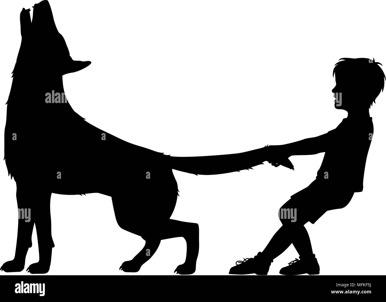 Editable vector silhouette Abbildung eines Jungen ziehen den Schwanz eines Howling Wolf mit Zahlen als separate Objekte Stock Vektor