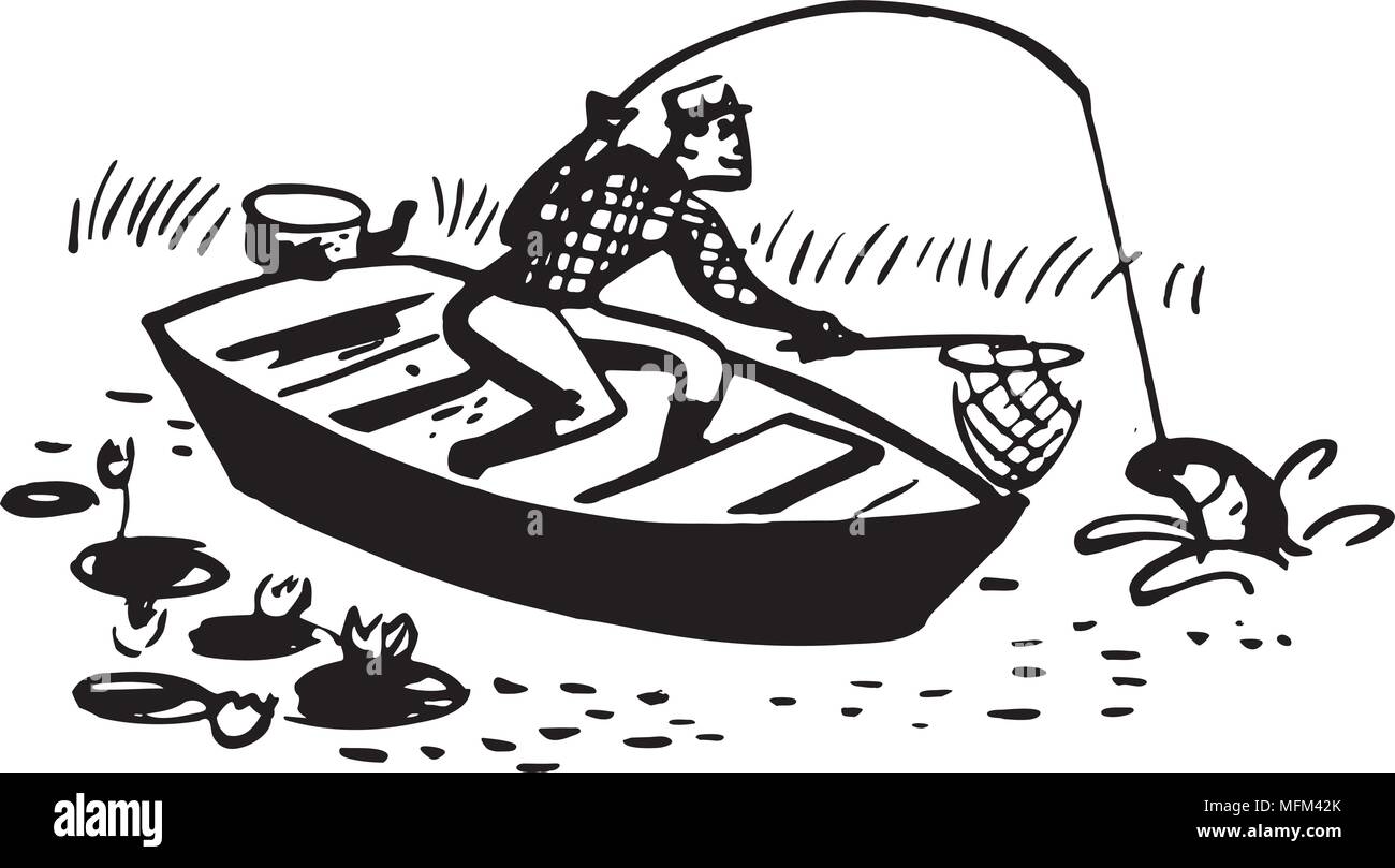 Man Fische fangen im Boot - Retro Clipart Illustration Stock Vektor
