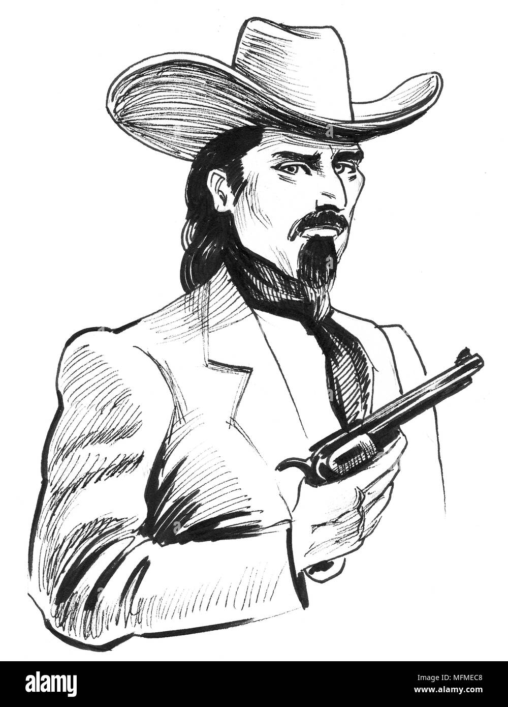 Wild w est Charakter mit einem Revolver Pistole. Tinte schwarz-weiss Zeichnung Stockfoto