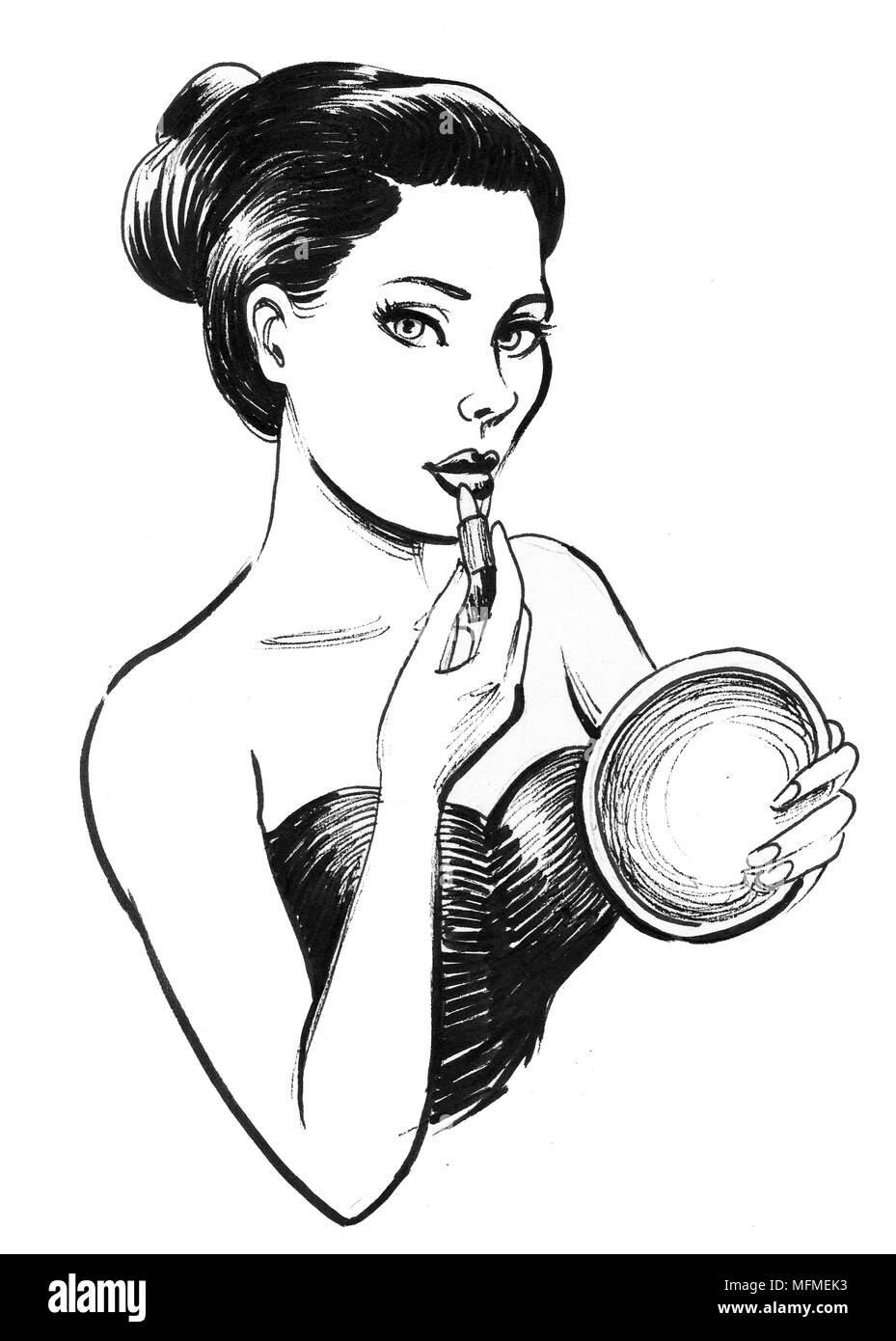 Tinte schwarz und weiß Abbildung: eine Frau mit Spiegel und Lippenstift Stockfoto