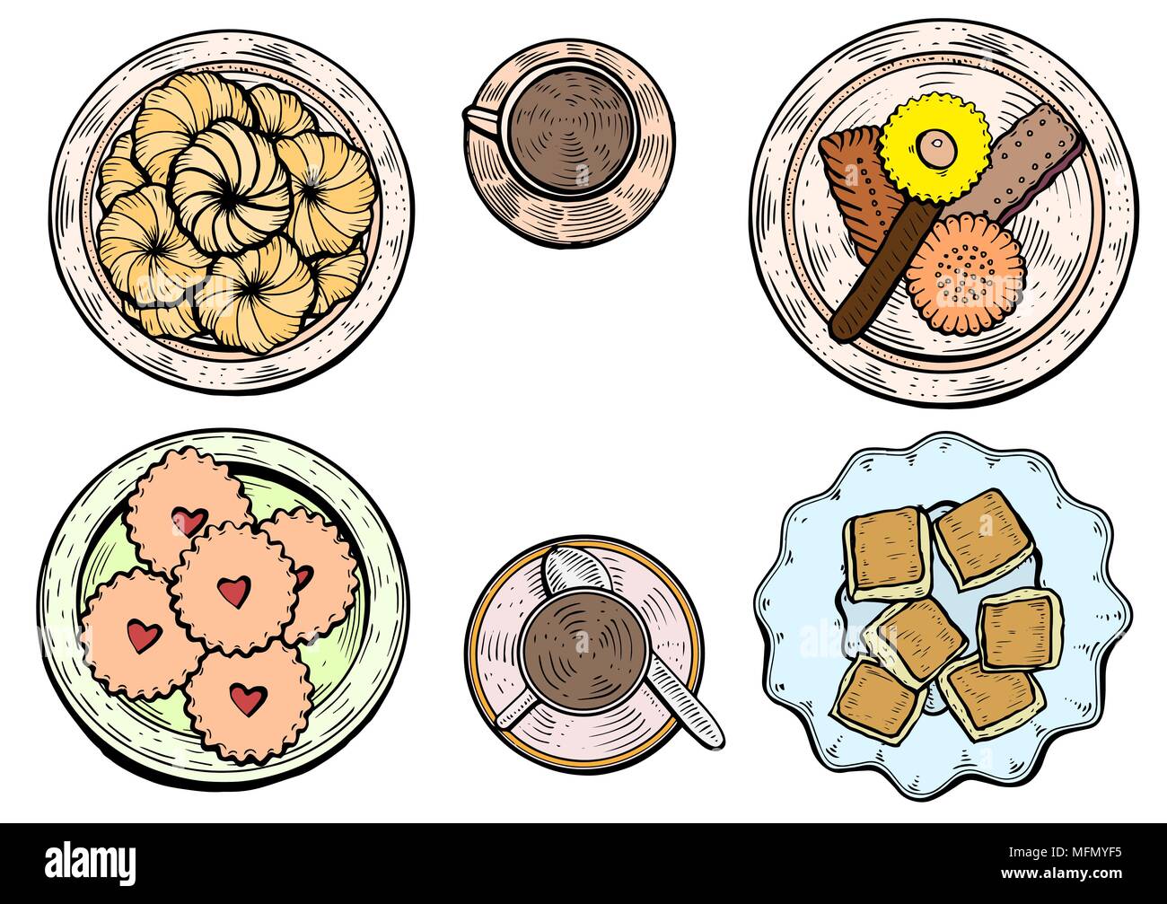 Hand gezeichnet. Orientalische Süßigkeiten Vector Illustration. Middle Eastern Food. Essen Menü Hintergrund. Ansicht von oben. Farbenfrohes Design vorlage. Stock Vektor