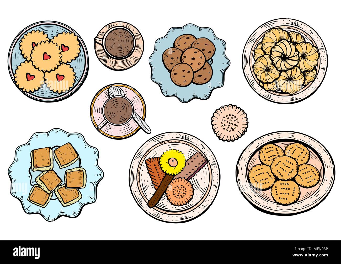 Hand gezeichnet. Orientalische Süßigkeiten Vector Illustration. Middle Eastern Food. Essen Menü Hintergrund. Ansicht von oben. Farbenfrohes Design vorlage. Stock Vektor