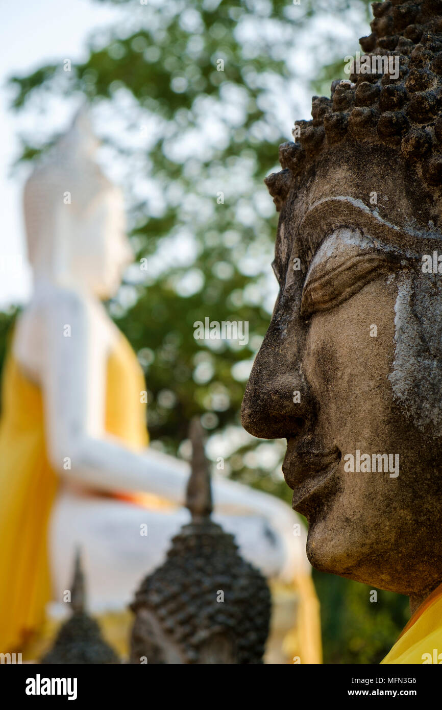 Nahaufnahme der Kopf einer Statue von Buddha im Wat Yai Chai Mongkhon, einem buddhistischen Tempel aus dem 14. Jahrhundert, Ayutthaya, Thailand. Stockfoto