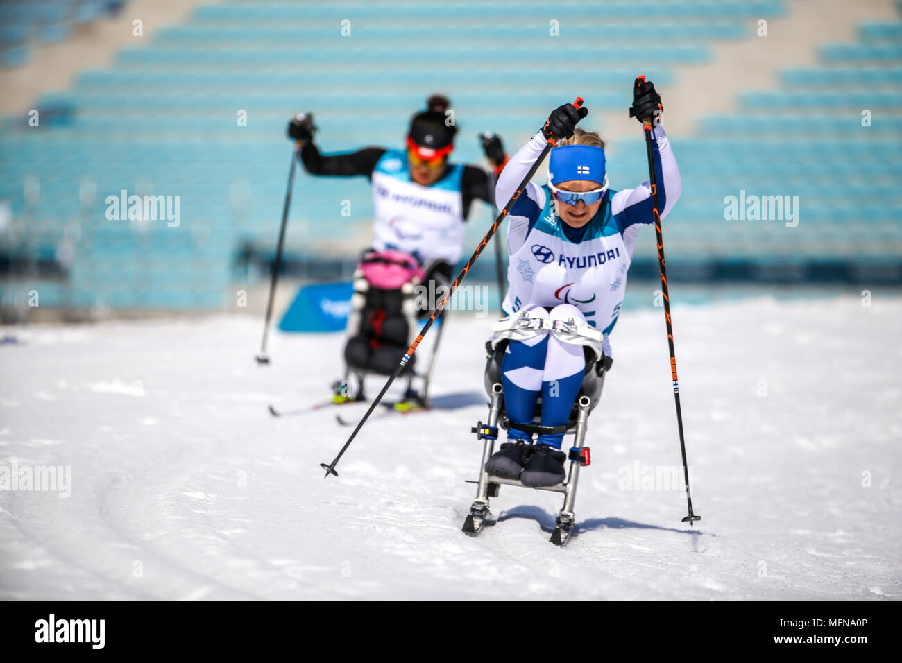 Pyeongchang 2018 März 14 Biathlon Zentrum - in Langlauf - Sitzungen Athleten Stockfoto