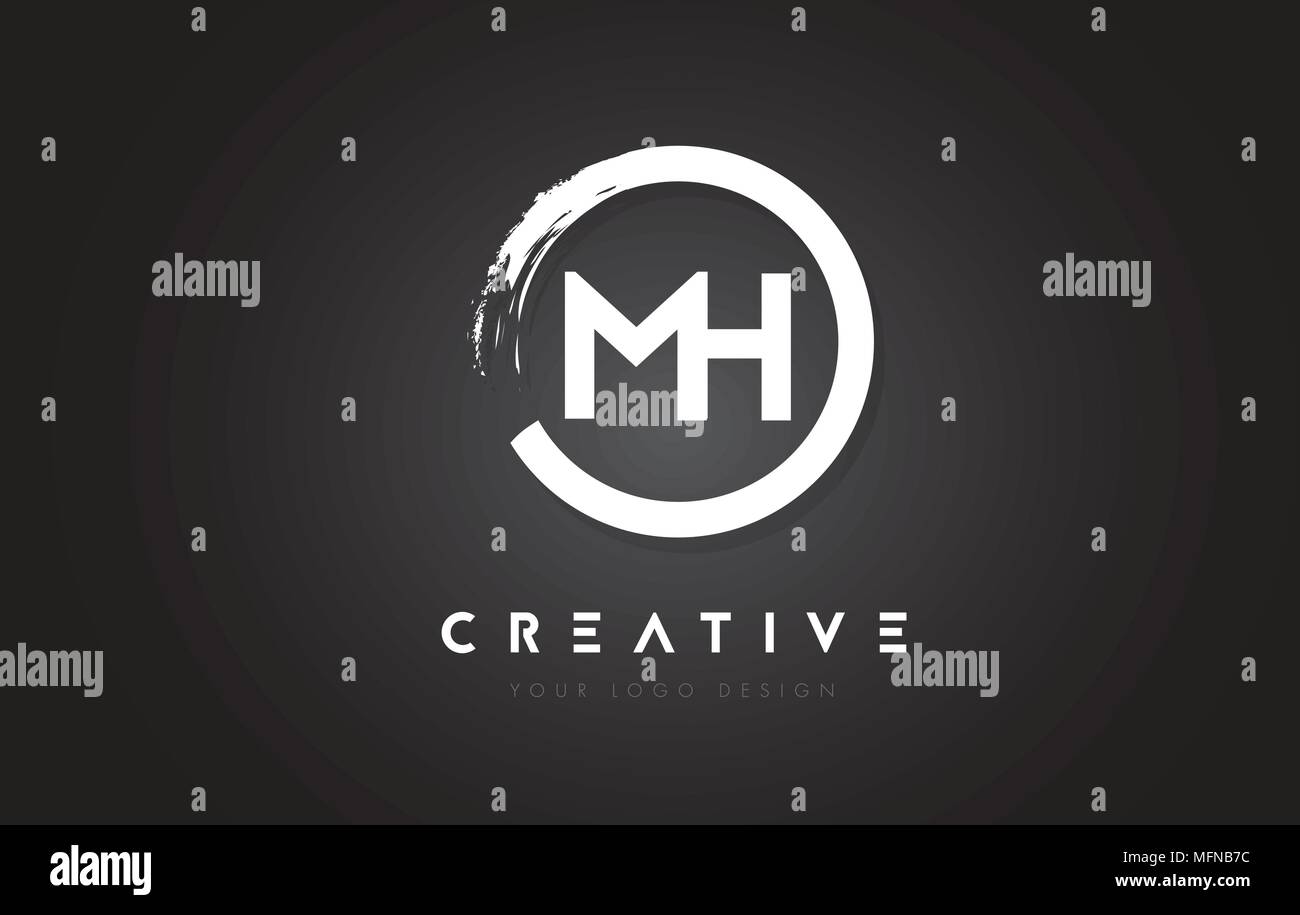 MH Rundschreiben Logo mit Kreis Brush Design und schwarzem Hintergrund. Stock Vektor