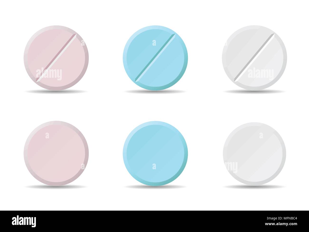 Satz von Weiß, Blau und Pink runde Medizin Pillen verschiedener Art, isolierte Vektor auf weißem Hintergrund mit Schatten Stock Vektor