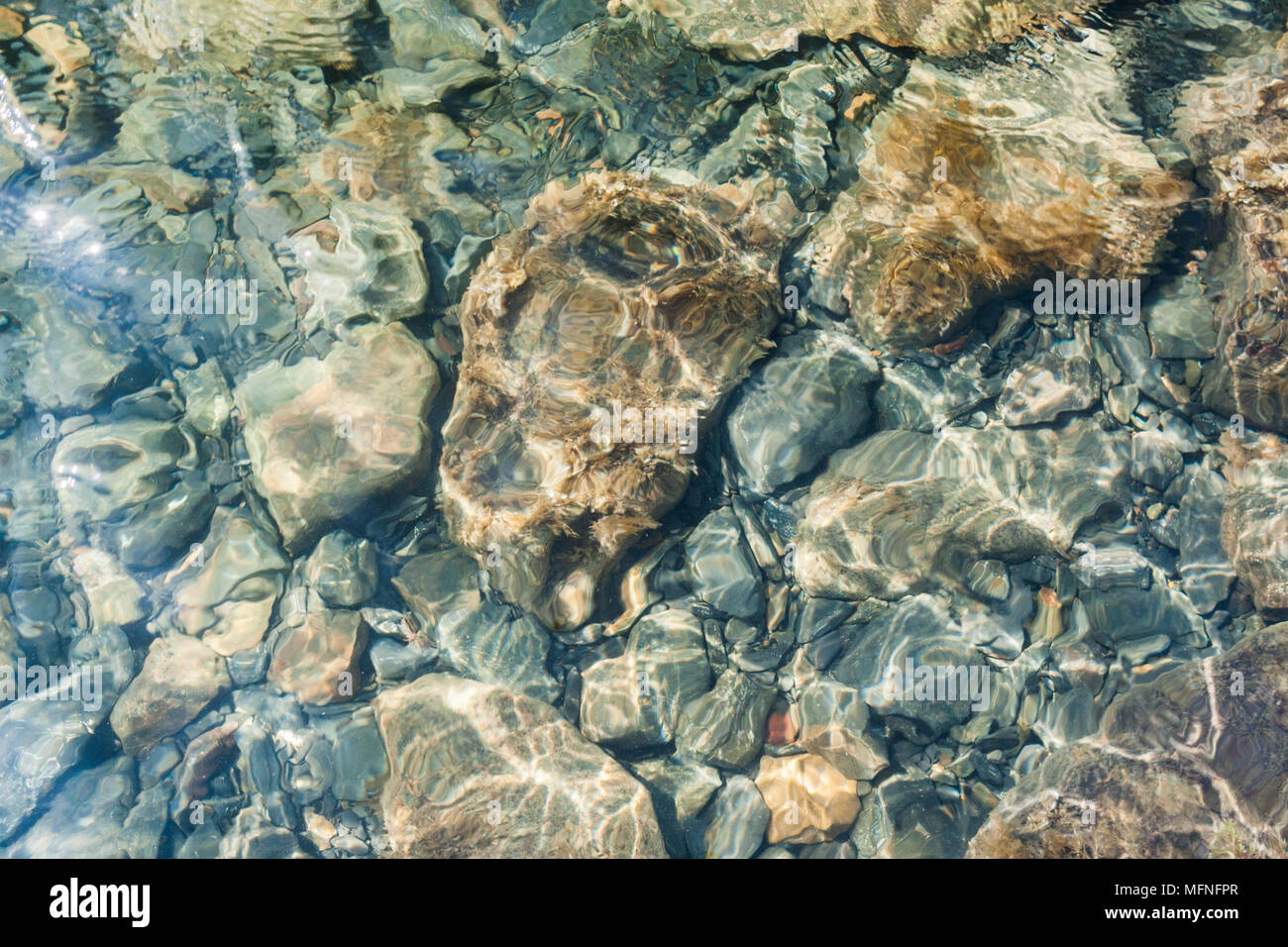 Ansicht von oben durch klare Meer Wasser in verschiedenen Größen Felsbrocken. Stockfoto