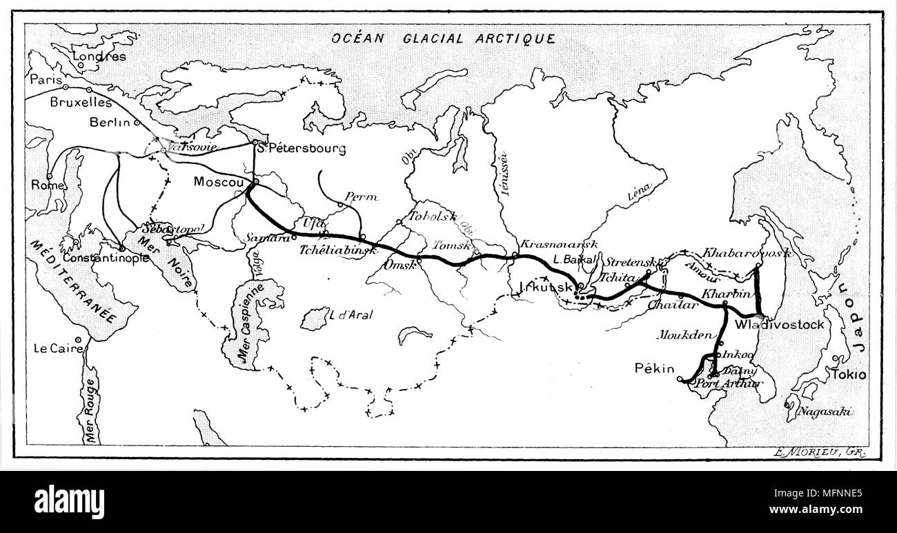 Die Route der Transsibirischen Eisenbahn. Von "La Nature", Paris, 1904. Gravur. Stockfoto