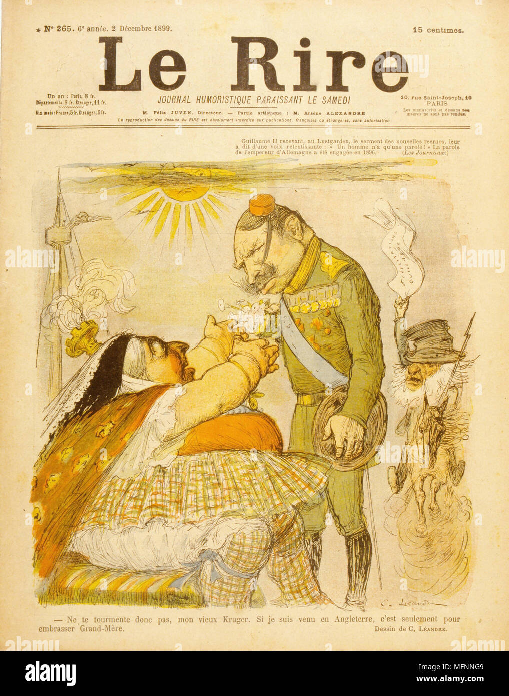 Die deutsche Außenpolitik 1899, die Unterstützung der Buren in Südafrika (Boer) Krieg. Wilhelm II. sagte Kruger, die Boer Führer, keine Sorgen zu machen, als er im Begriff war, nach Großbritannien seine Großmutter zu umarmen, Königin Victoria. Karikatur aus "Le Rire", Paris, 2. Dezember 1899 Stockfoto