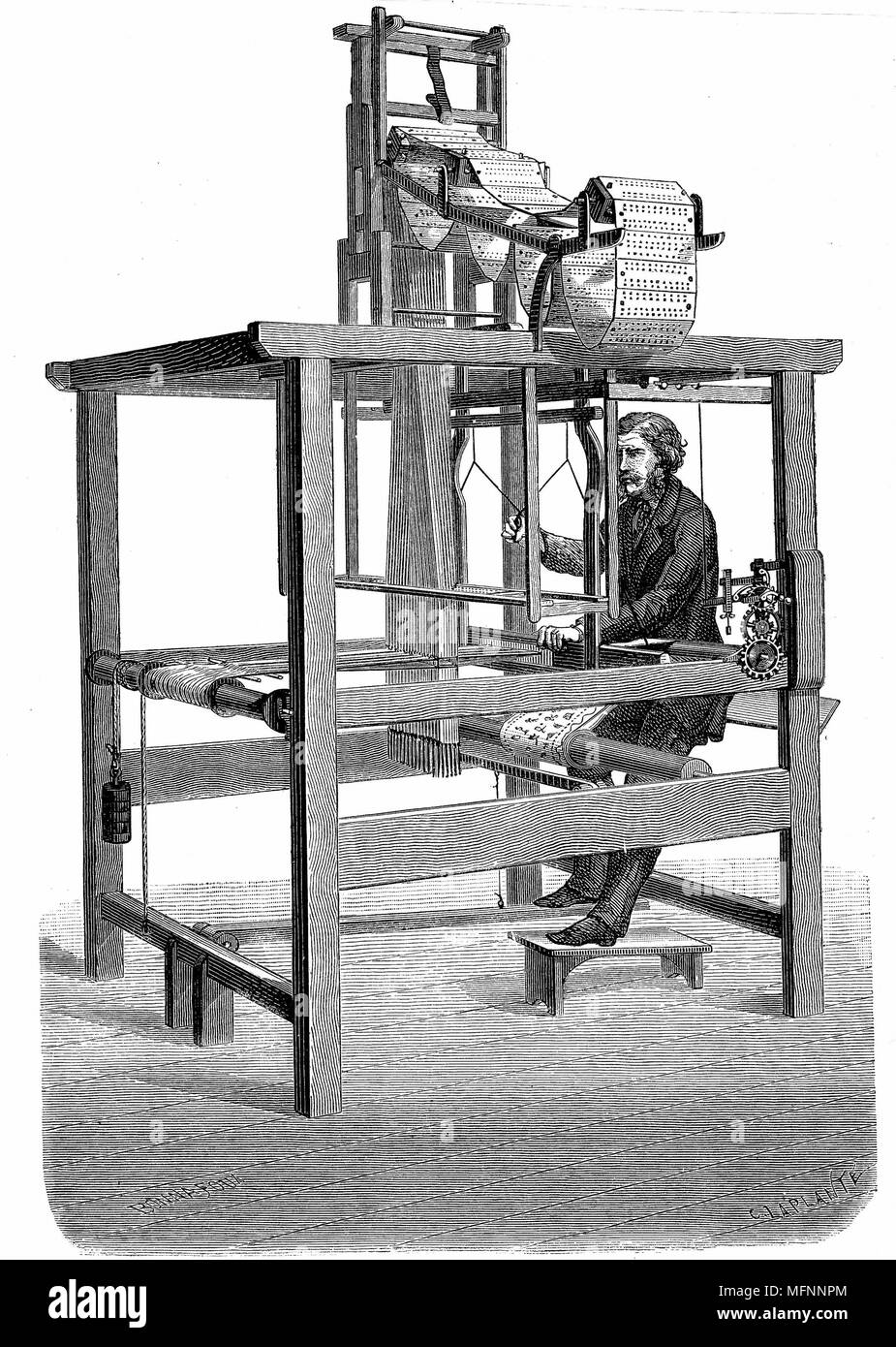 Jacquard-Webstuhl, mit Girlanden von Lochkarten aus denen Muster gewebt wurde. Gravur veröffentlicht Paris, 1876 Stockfoto