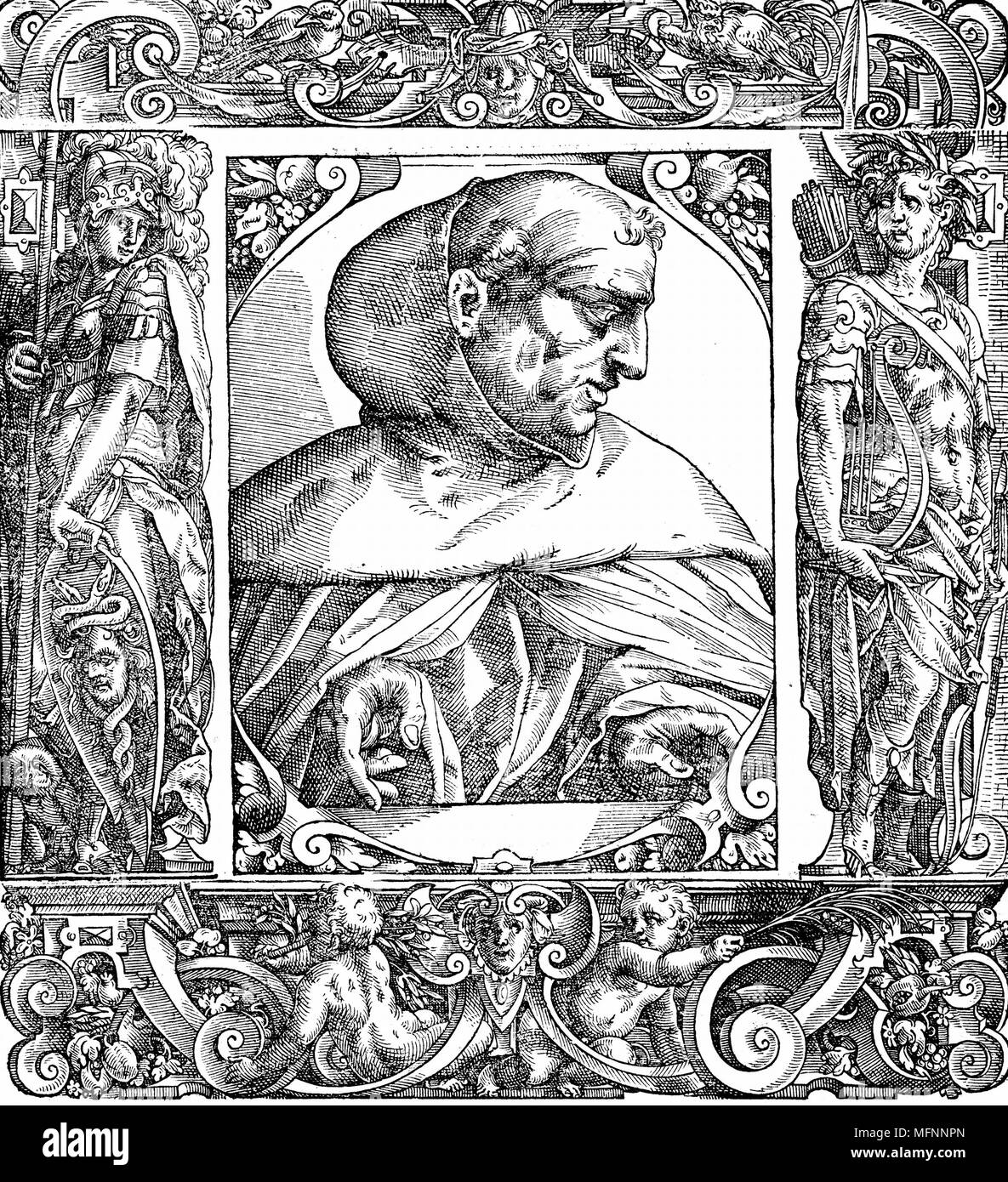 Albertus Magnus (c 1200-1280) Italienische Dominikaner mönch namens 'Doctor Universalis". Bischof von Regensburg, 1260. Verschmolzen Theologie und Aristotelismus. 16. jahrhundert Porträt Holzschnitt. Stockfoto