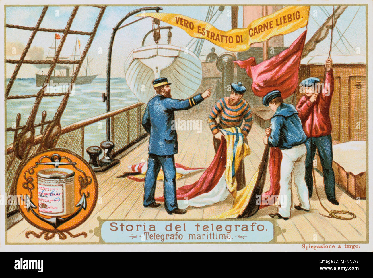 Antenne Fernschreiber: Naval Semaphore. Matrosen hissen Flaggen, die zusammengesetzt eine Nachricht zu einem nahe gelegenen Schiff zu vermitteln. Liebig Handel ausgestellten Karte 1900. Chromolithograph. Stockfoto
