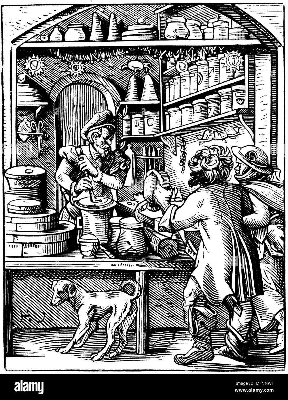 Der Apotheker. 16. Jahrhundert Holzschnitt von Jost Amman. Drogist nutzt Mörser, um Zutaten zu mahlen. Stockfoto