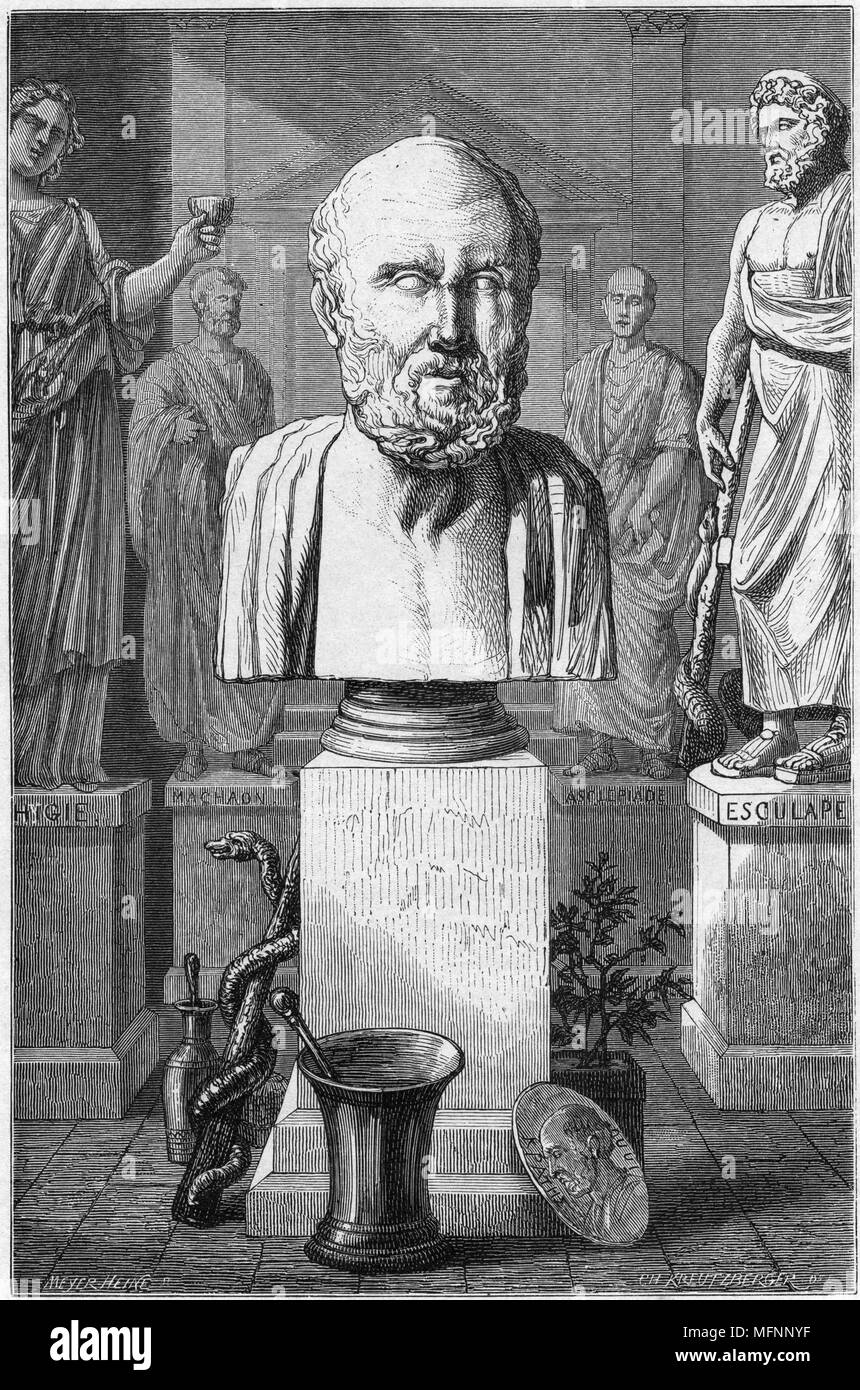Hippokrates von Kos (c 460-377 oder 359 v. Chr.) Antike griechische Arzt. Der "Vater der Medizin", die die Grundlagen für eine wissenschaftliche Grundlage für die Medizin gelegt. Er lehrte, dass die Vier Körpersäfte (Blut, Schleim, Schwarze Galle und Gelbe Galle) die wichtigsten Plätze waren der Krankheit. Gravur Stockfoto