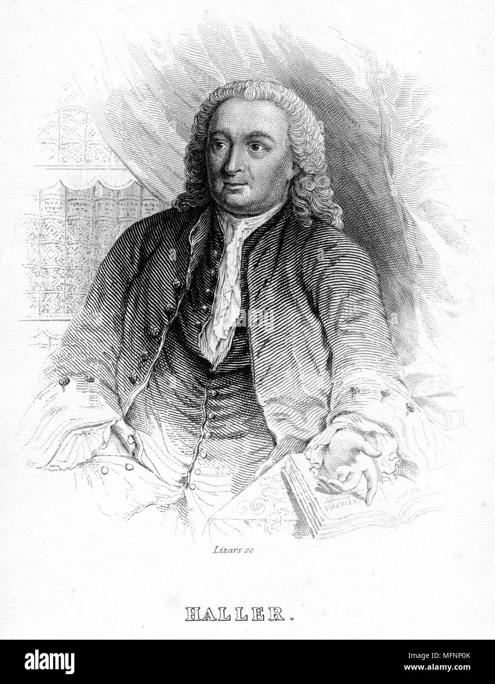 Albrecht von Haller (1708-1777), Schweizer Arzt und Wissenschaftler, war der Gründer der Neurologie. Experimentelle Physiologie. Von "Der naturforscher Bibliothek', bearbeitet W Jardine, (Edinburgh, 1839 und 1854). Gravur c 1840. Stockfoto