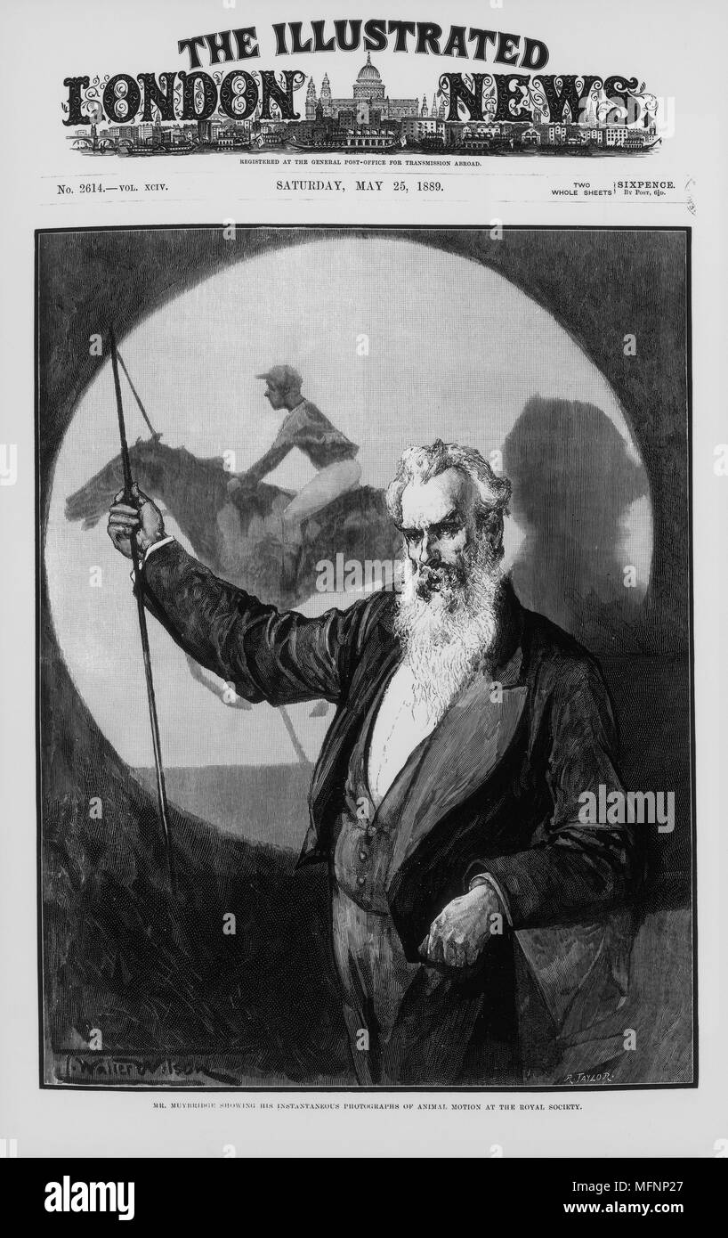 Eadwaerd Muybridge (1830-1904) Deutsch-amerikanischer Erfinder und Fotograf, einen Vortrag in der Royal Society, London, England, an seine fotografische Studien tierischen Bewegung. Mai 1889. Stockfoto