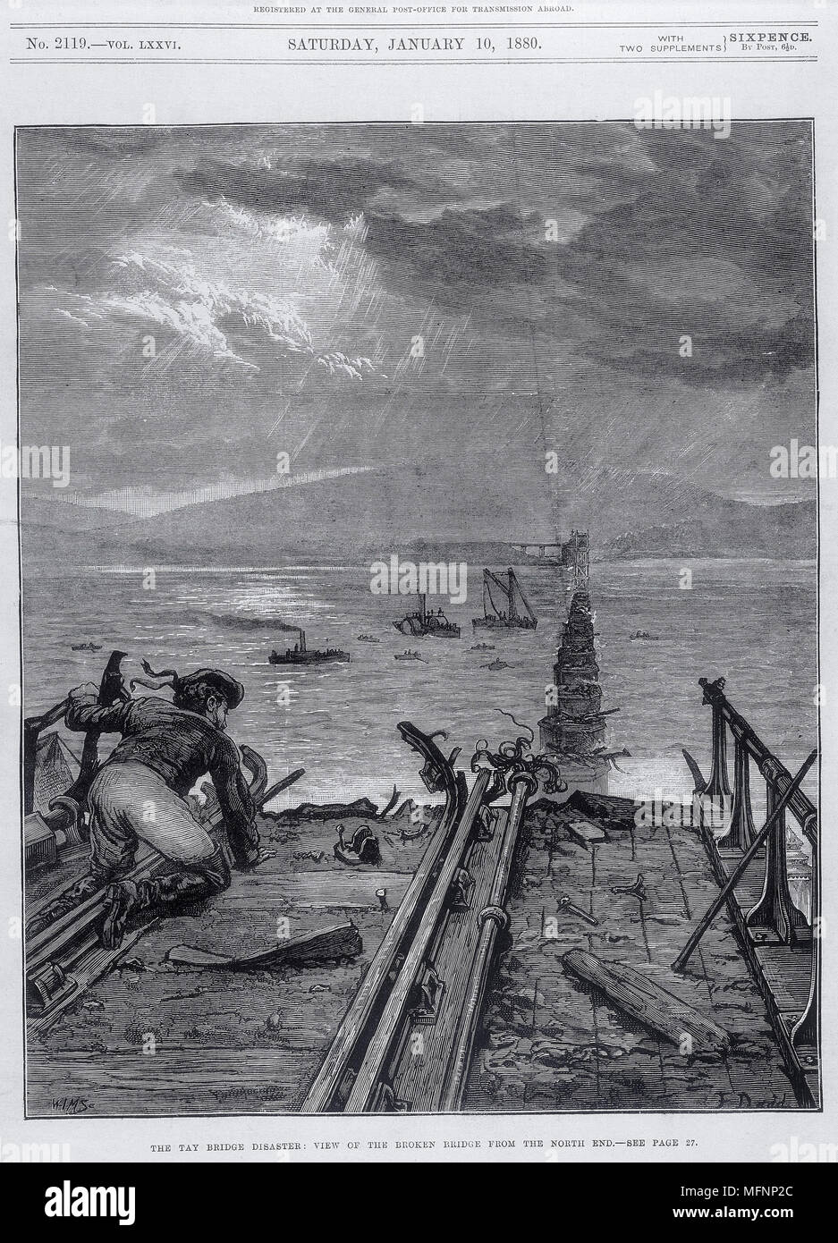 Tay Bridge disaster, 28. Dezember 1779. Anzeigen von Broken Bridge von Norden Ende Gravur von "Illustrated London News", 1879. Stockfoto