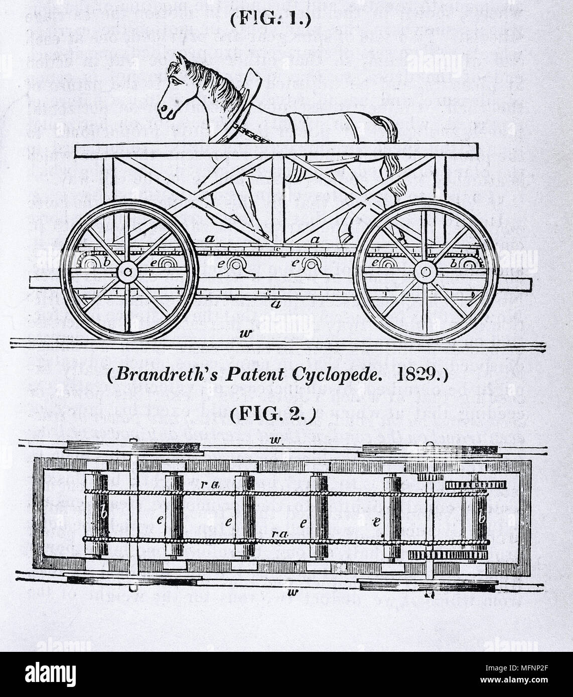 Brandreth's horse Lokomotive 'Cyclopede'. Von "Ingenieure und Mechaniker der Enzyklopädie" von Lukas Herbert (London, 1836). Holzstich. Stockfoto