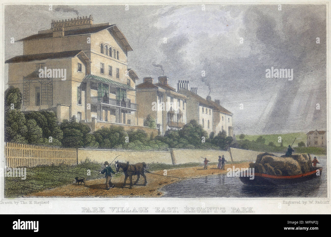 Pferd schleppen ein Lastkahn auf das Regent's Canal an Park Village East, London. Illustration von Thomas Hosmer Shepherd (c 1817 - c 1842) von "London und Umgebung im 19. Jahrhundert" (London, 1829). Stockfoto