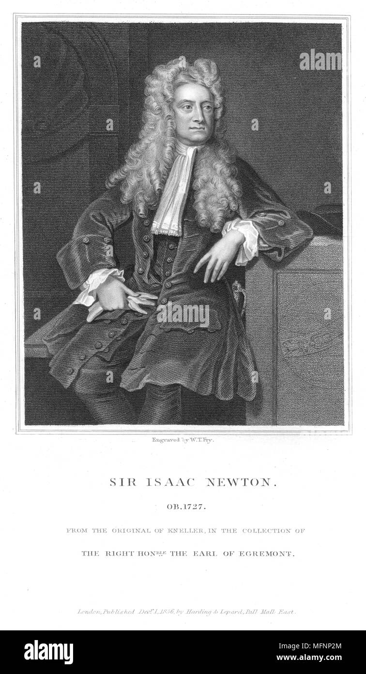 Isaac Newton (1642-1727). Englischer Mathematiker und Physiker. Gravur (1836) nach dem Porträt von Godfrey Kneller. Stockfoto