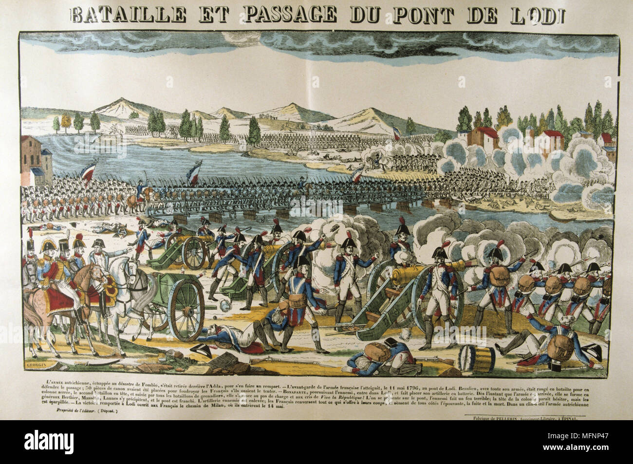 Napoleon die französische Artillerie während der Schlacht an der Brücke von Lodi, 10. Mai 1796. Beliebte Französische handkolorierter Holzschnitt. Stockfoto