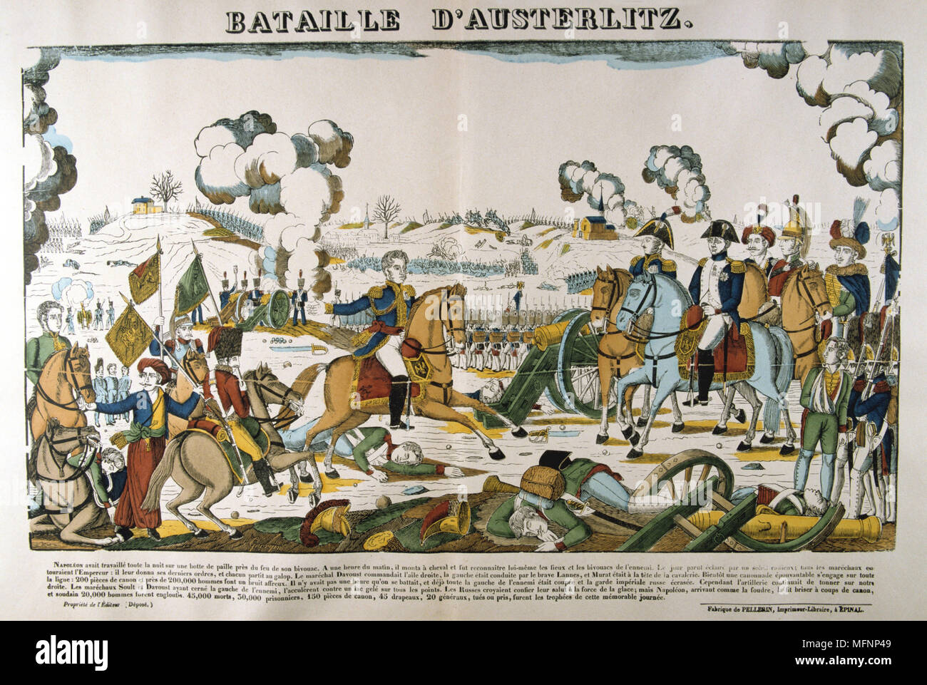 Napoleon in der Schlacht bei Austerlitz (Bitva u Slavkova) auch die Schlacht der drei Kaiser, l Dezember 1805 bekannt. Entscheidende Sieg Frankreichs über die russische und österreichische Herrschaft, einer der größten Siege Napoleons. Beliebte Französische handkolorierter Holzschnitt. Stockfoto