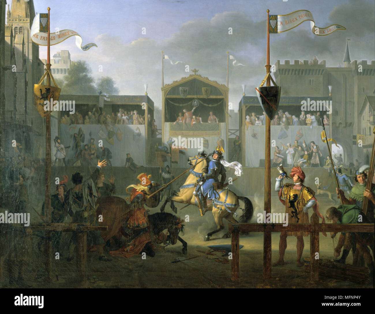 Ein Turnier im XIV. Jahrhundert". Ritter Ritterspiele. Paul Henri Revoil (1776-1842), französischer Maler und Dramatiker. Öl auf Leinwand. Stockfoto