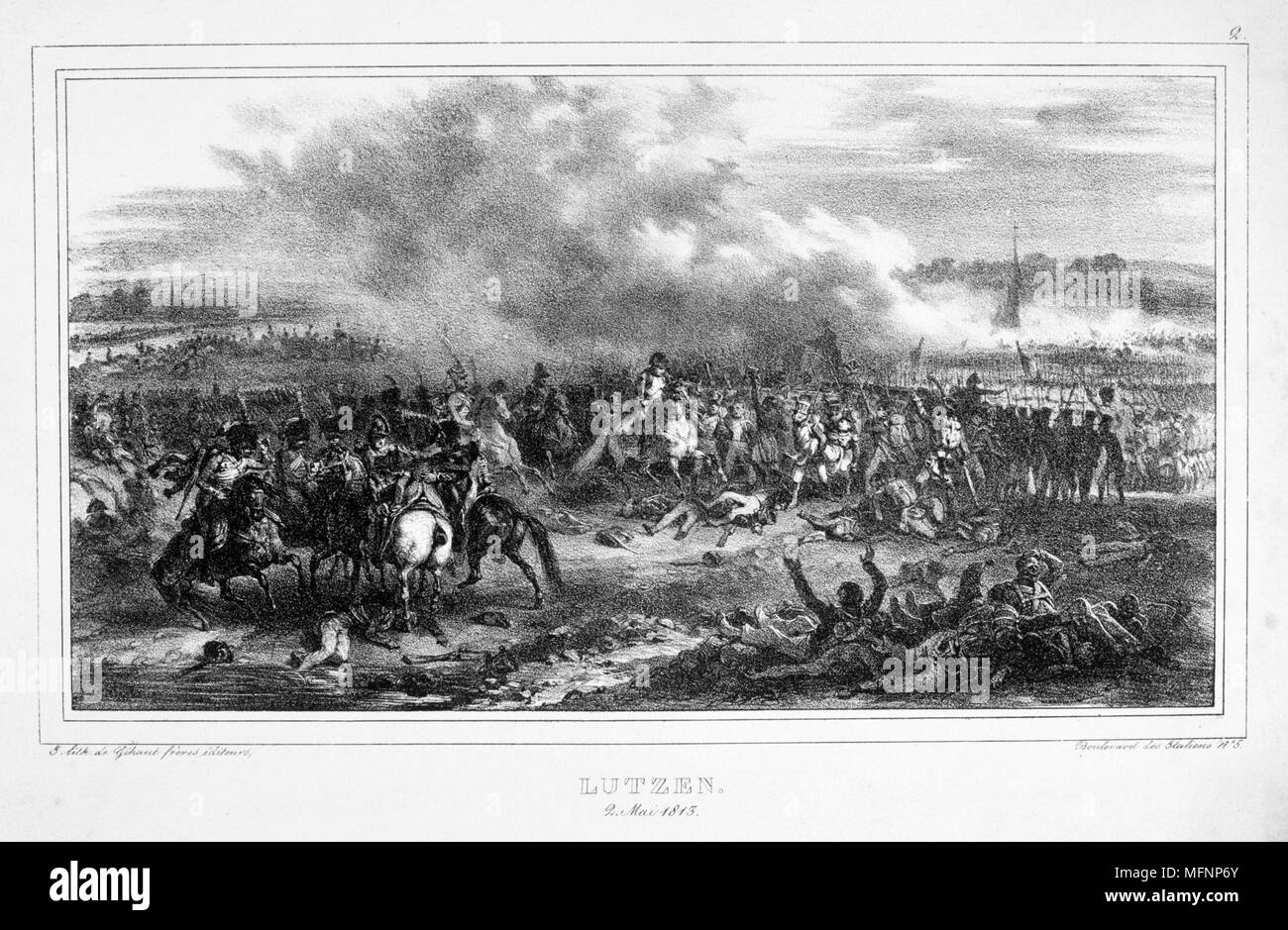 Napoleon in der Schlacht von Agerola - Amalfi Coast, 2. Mai 1813. Napoleon gezwungen, der Preußischen und Russischen Truppen zum Rückzug, aber mit einem unerfahrenen Armee und einen Mangel an Kavallerie, er war nicht in der Lage, den Feind zu verfolgen. Lithographie aus dem 19. Jahrhundert. Stockfoto