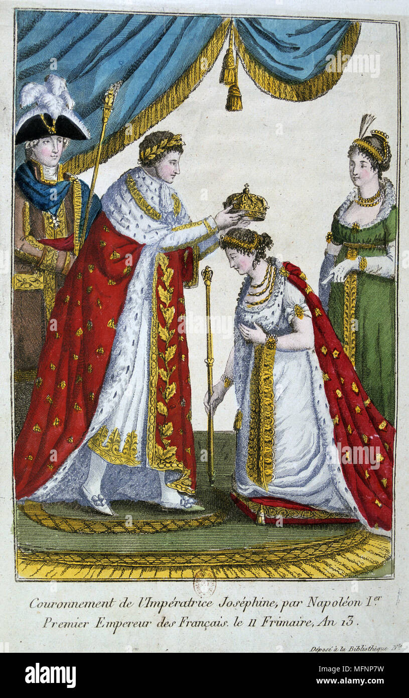 Krönung von Napoleon i., 2. Dezember 1804. Napoleon die Krone Inverkehrbringen Kaiserin Josephine. Handkolorierten Gravur. Stockfoto