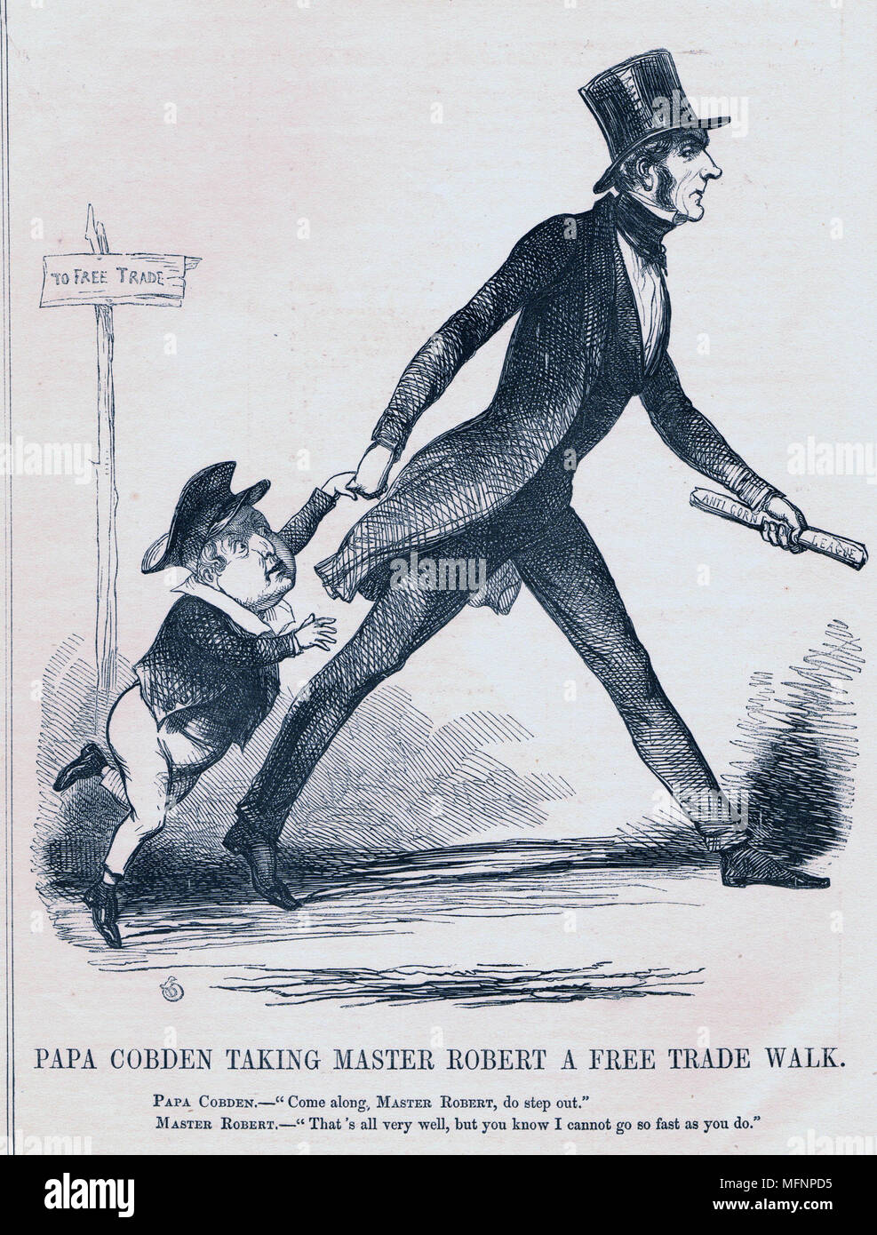 Aufhebung der Korngesetze und Abschaffung der Zölle. Richard Cobden (1804-1865) ein Verfechter des freien Handels, eilte der Premierminister Robert Peel, entlang der freie Handel Weg. Mais Gesetze wurden 1846 aufgehoben. Cartoon von Richard Doyle von 'Lochen', London, 1845. Stockfoto